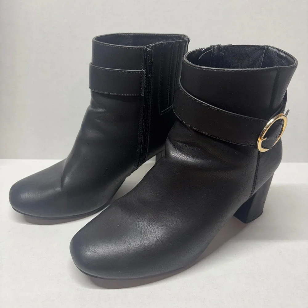 Eloquii Women Brigitte Ankle Boots Size 9W Black Gold‎ Buckle Block Heel Zip